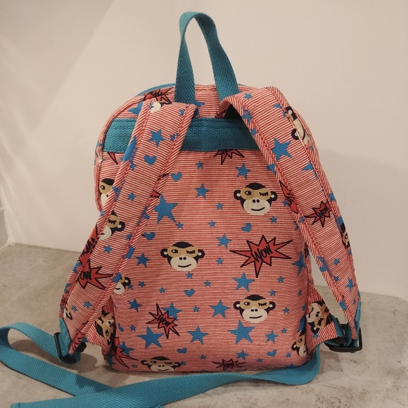 Kipling Backpack Heart Pocket Bright Pink & Blue w Stars, Monkey & Monkey Charm - Picture 4 of 9